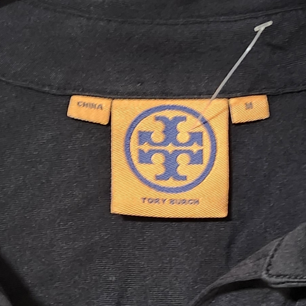 Tory Burch 100% Silk Black Button Down Blouse Long Sleeve | Gold Logo Buttons - Picture 3 of 6